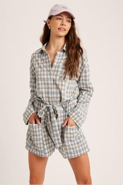 Walk the Line- women's plaid romper in textured cotton - Esme and Elodie