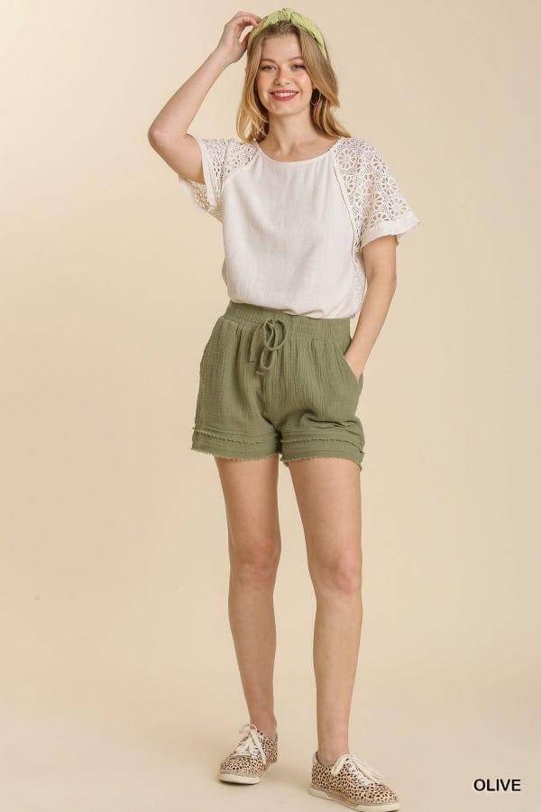 Washed bubble gauze shorts in olive - Esme and Elodie
