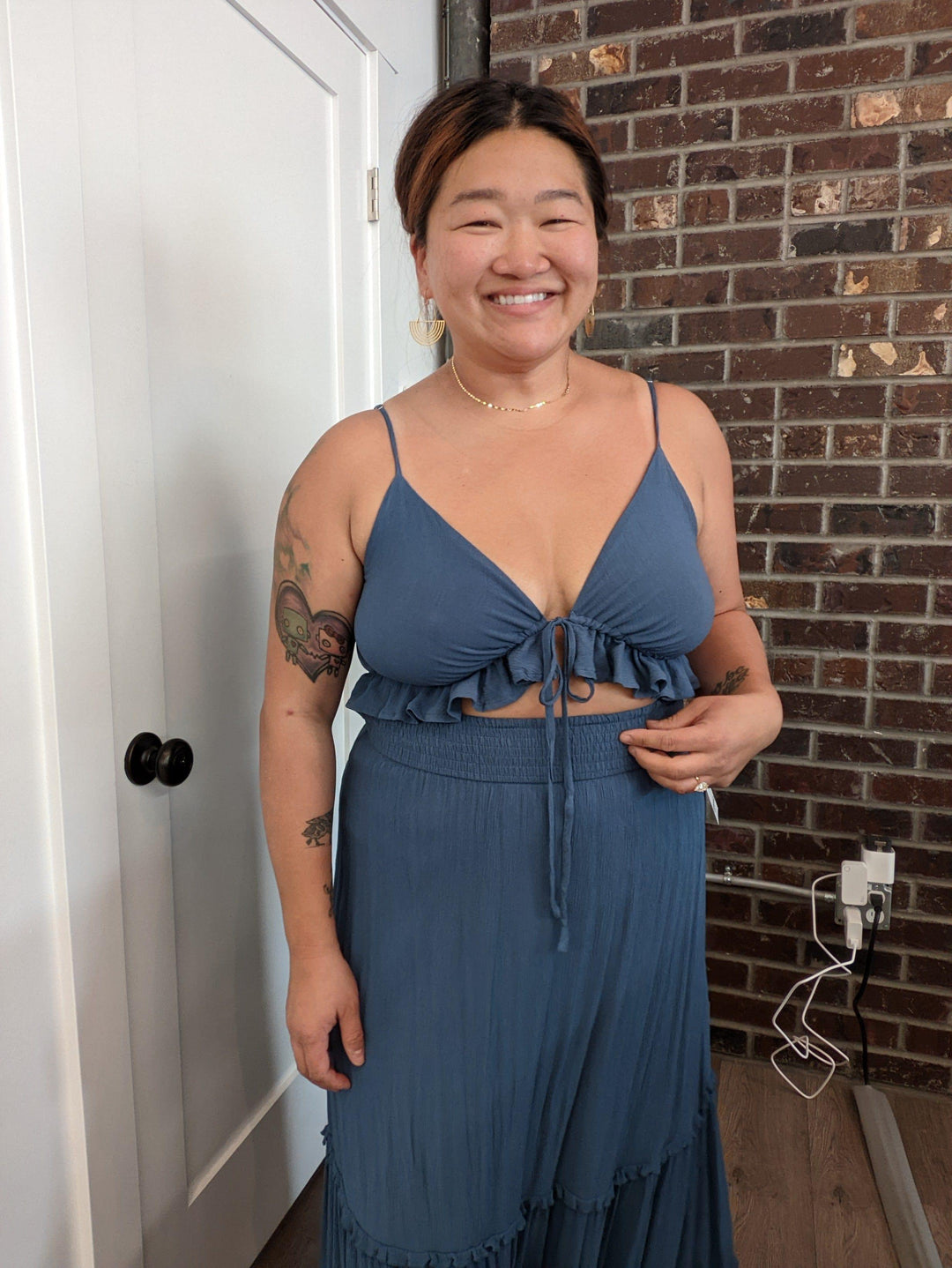 Water under the Bridge- womens open front blue ruffle maxi dress - Esme and Elodie