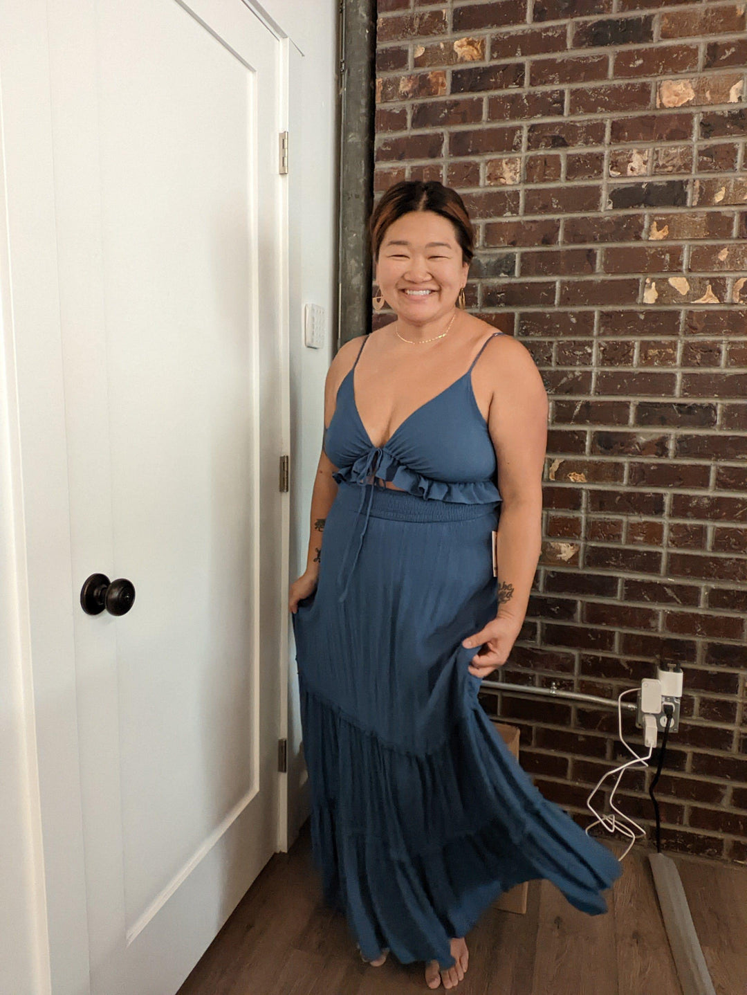 Water under the Bridge- womens open front blue ruffle maxi dress - Esme and Elodie