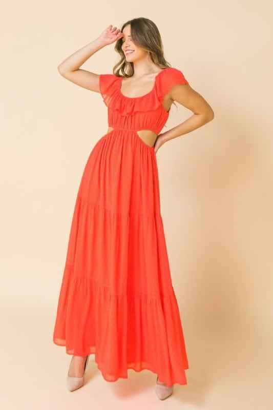 Watermelon Sugar- texture maxi dress with off shoulder flounce neckline - Esme and Elodie