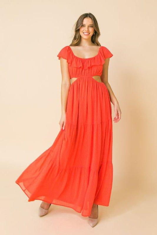 Watermelon Sugar- texture maxi dress with off shoulder flounce neckline - Esme and Elodie