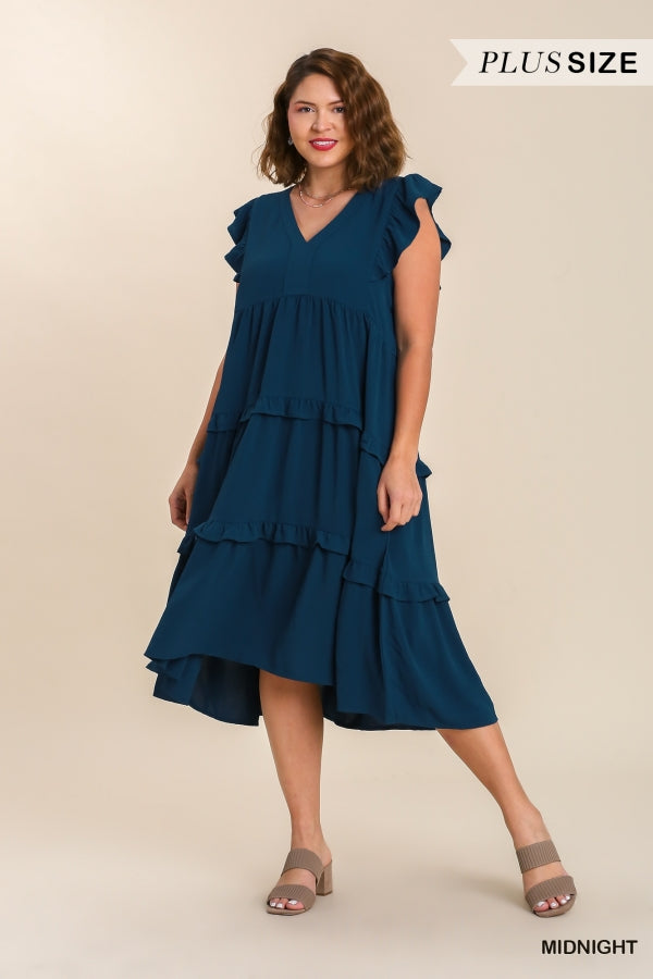 Plus Size Navy Blue ruffle tier midi dress with flutter sleeve