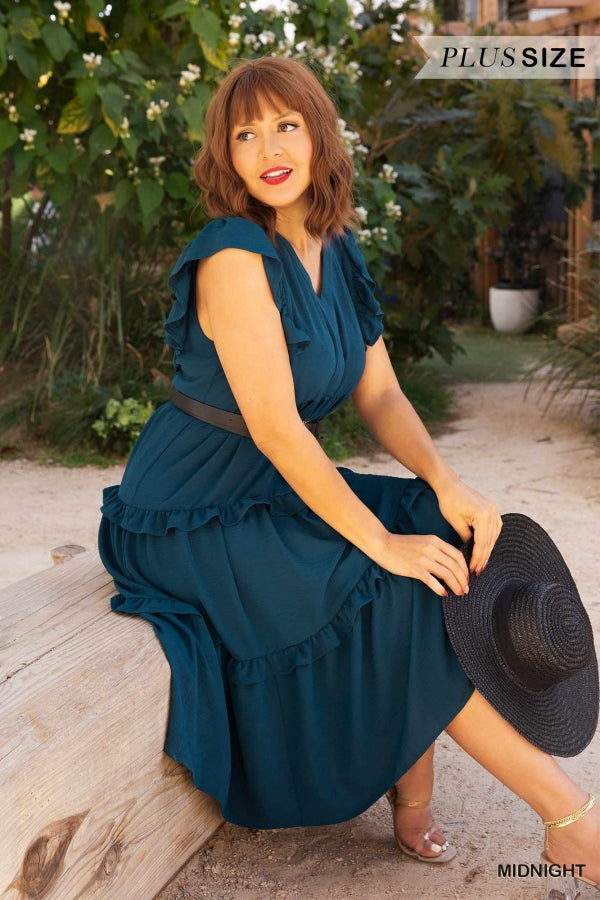 Plus Size Navy Blue ruffle tier midi dress with flutter sleeve
