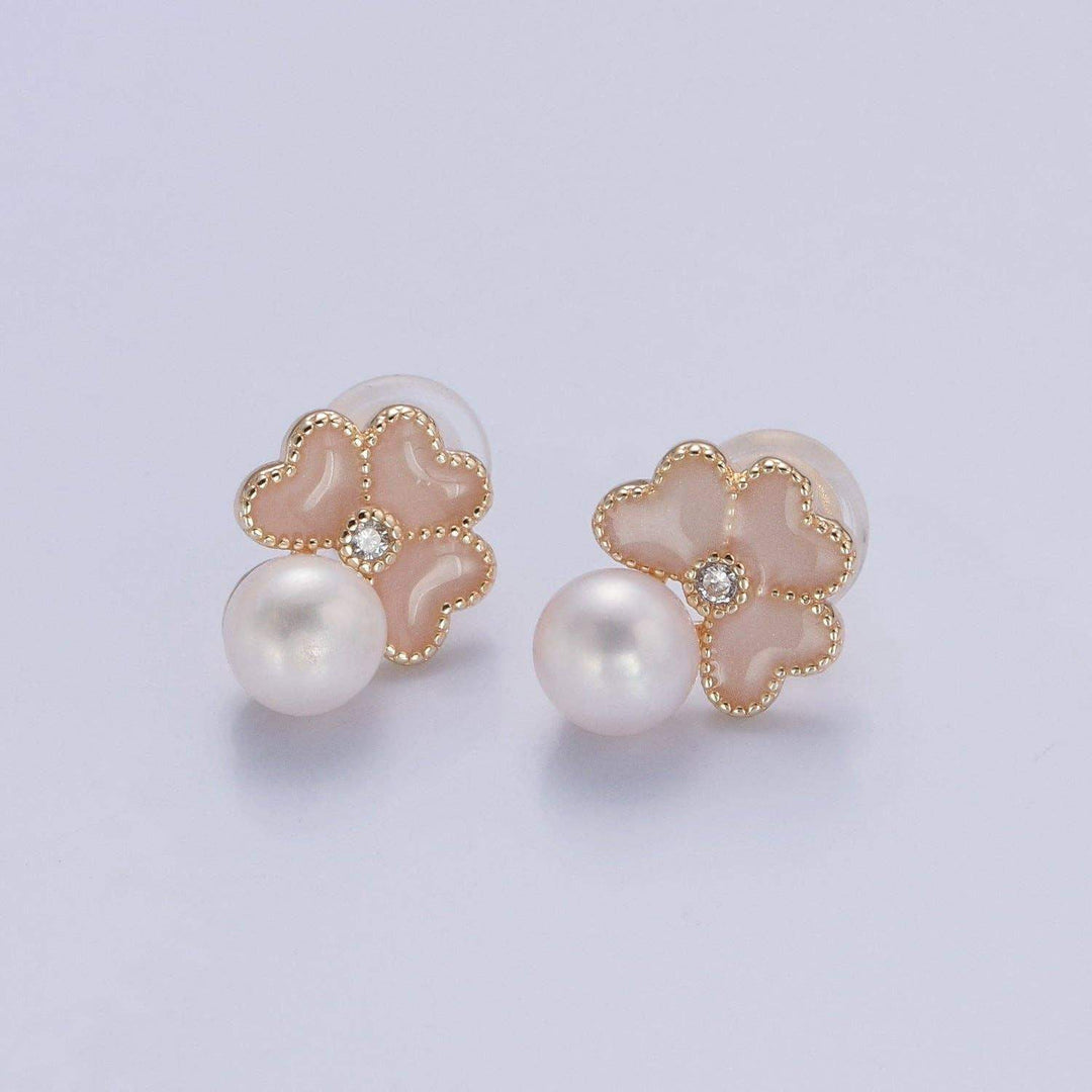 White Pearl Stud Earring with Pink Heart for Wedding Jewelry T-531 - Esme and Elodie
