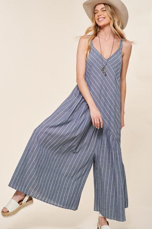 Women's Wide Leg Vneck Jumpsuit in denim and white stripe - Esme and Elodie