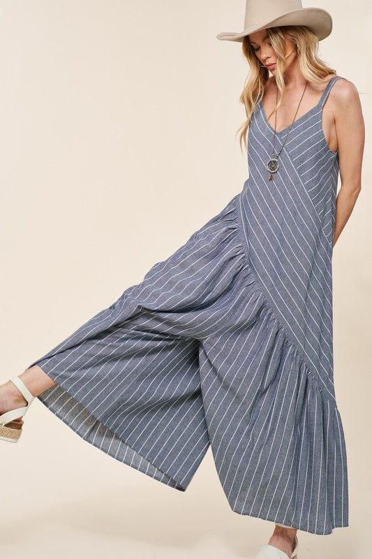 Women's Wide Leg Vneck Jumpsuit in denim and white stripe - Esme and Elodie