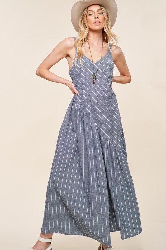 Women's Wide Leg Vneck Jumpsuit in denim and white stripe - Esme and Elodie