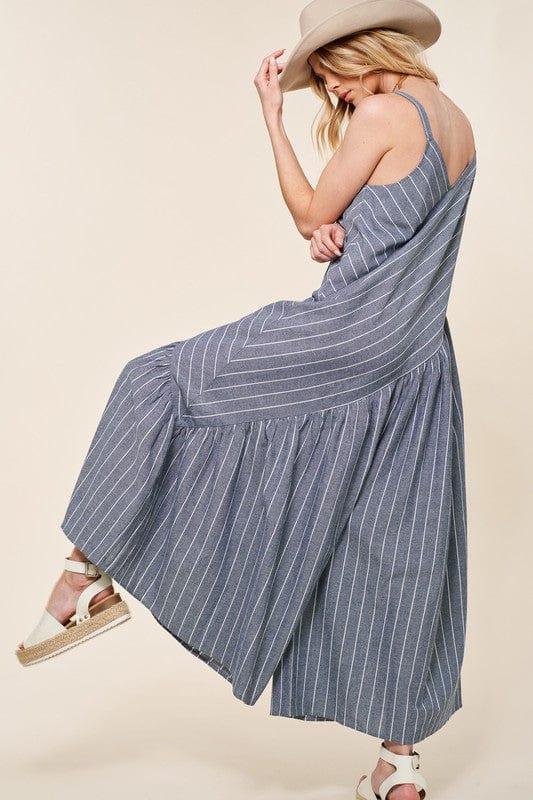 Women's Wide Leg Vneck Jumpsuit in denim and white stripe - Esme and Elodie