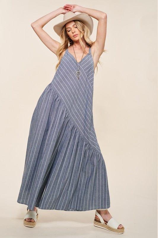 Women's Wide Leg Vneck Jumpsuit in denim and white stripe - Esme and Elodie