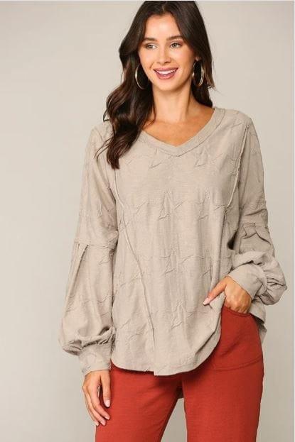 Wishing Star- Star Textured Balloon Sleeve Knit Top with Cut Edge Detail - Esme and Elodie
