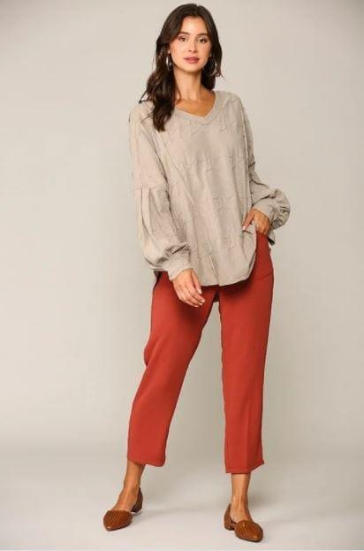 Wishing Star- Star Textured Balloon Sleeve Knit Top with Cut Edge Detail - Esme and Elodie