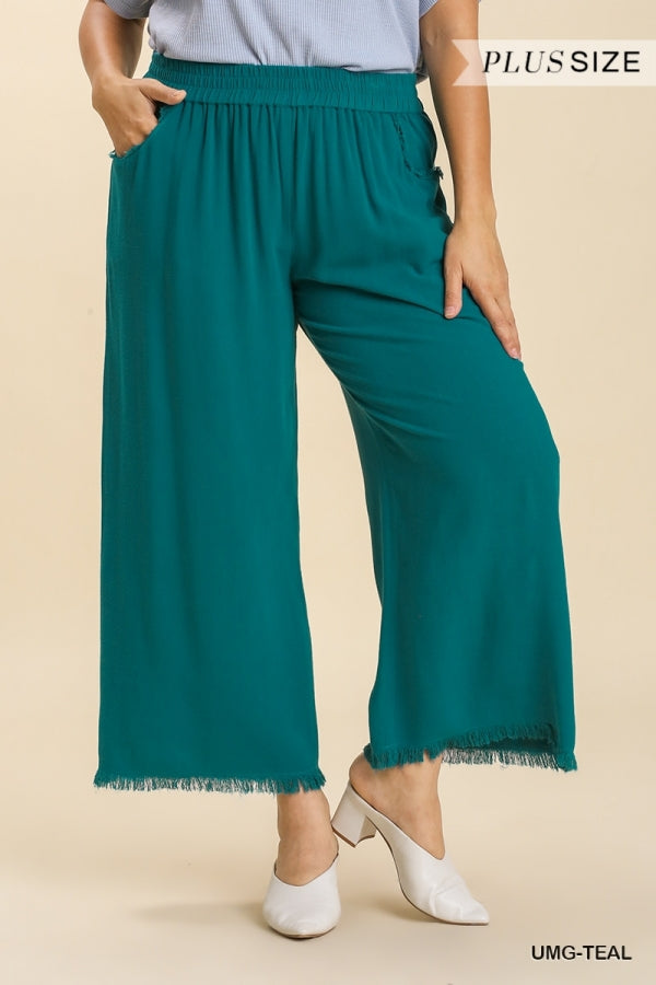 Plus Size Umgee Wide Leg Pant with Elastic Waist, Pockets, and Frayed Hem in Teal