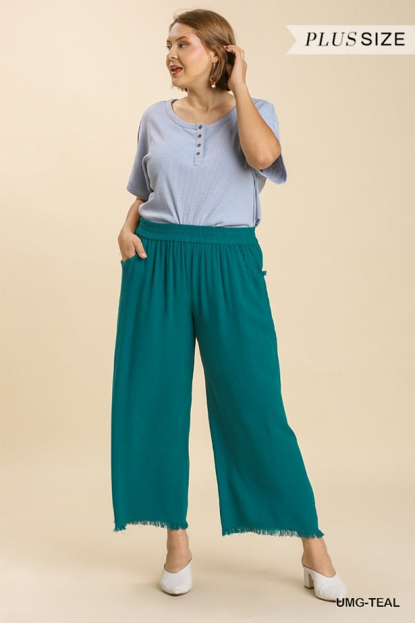 Plus Size Umgee Wide Leg Pant with Elastic Waist, Pockets, and Frayed Hem in Teal