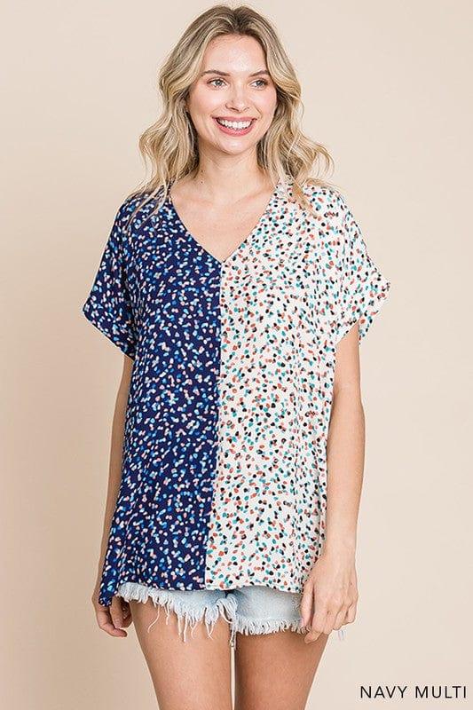 Women"s confetti print two tone vneck top - Esme and Elodie