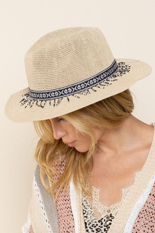Women's summer hat fedora with black white band and beading detail - Esme and Elodie