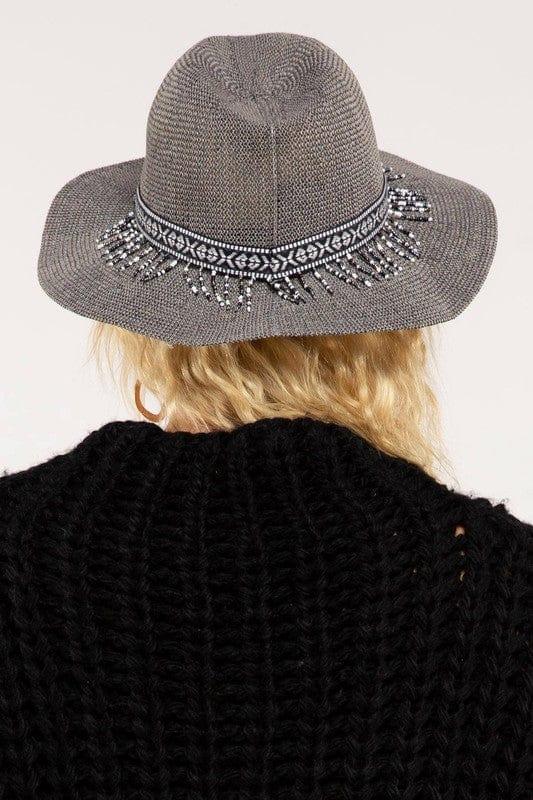 Women's summer hat fedora with black white band and beading detail in Gray - Esme and Elodie