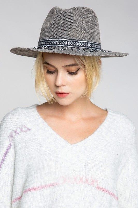 Women's summer hat fedora with black white band and beading detail in Gray - Esme and Elodie