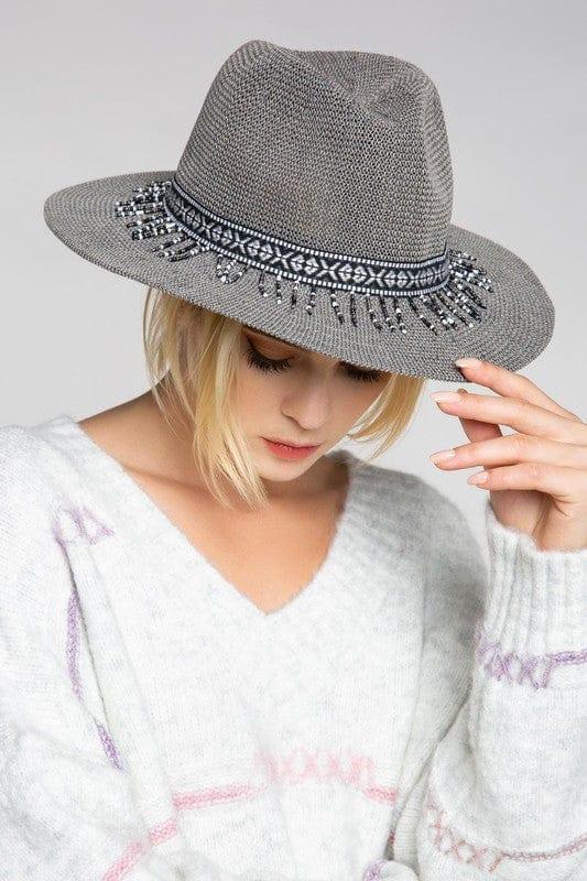 Women's summer hat fedora with black white band and beading detail in Gray - Esme and Elodie