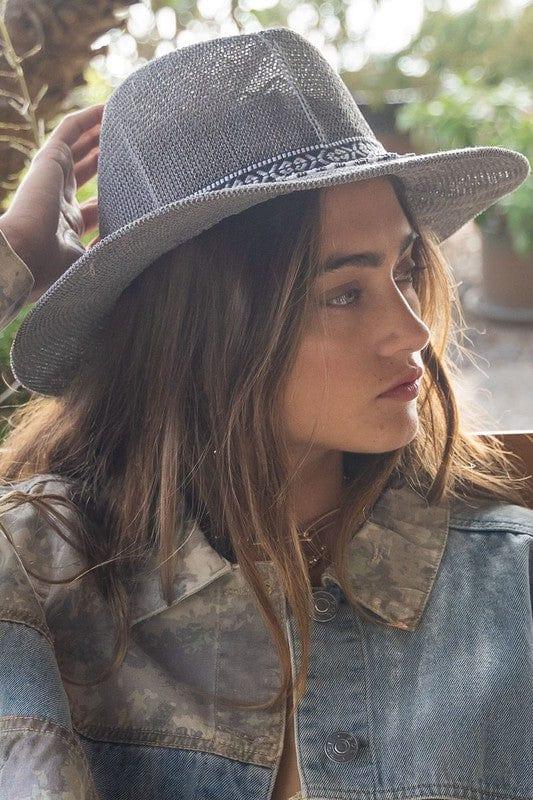 Women's summer hat fedora with black white band and beading detail in Gray - Esme and Elodie