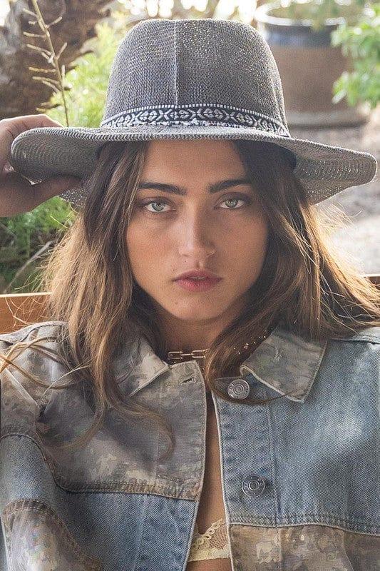 Women's summer hat fedora with black white band and beading detail in Gray - Esme and Elodie