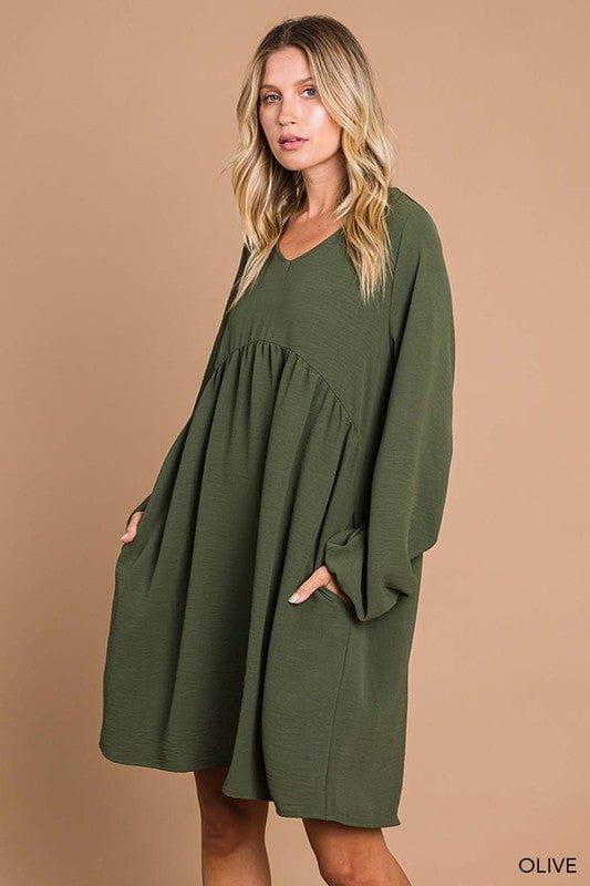 Womens vneck bubble sleeve dress in olive - Esme and Elodie