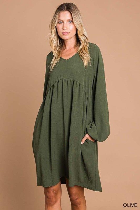 Womens vneck bubble sleeve dress in olive - Esme and Elodie