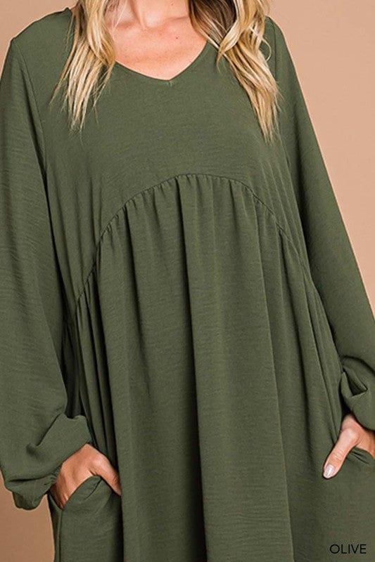 Womens vneck bubble sleeve dress in olive - Esme and Elodie