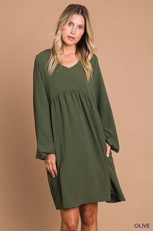 Womens vneck bubble sleeve dress in olive - Esme and Elodie