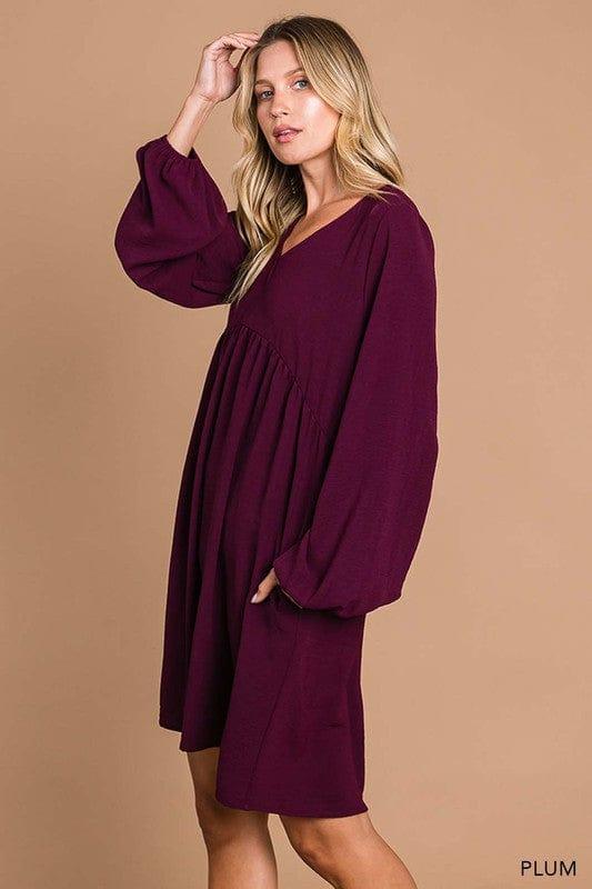 Womens vneck bubble sleeve dress in Plum - Esme and Elodie