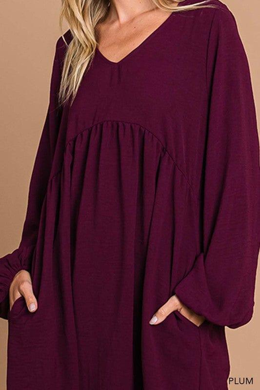 Womens vneck bubble sleeve dress in Plum - Esme and Elodie