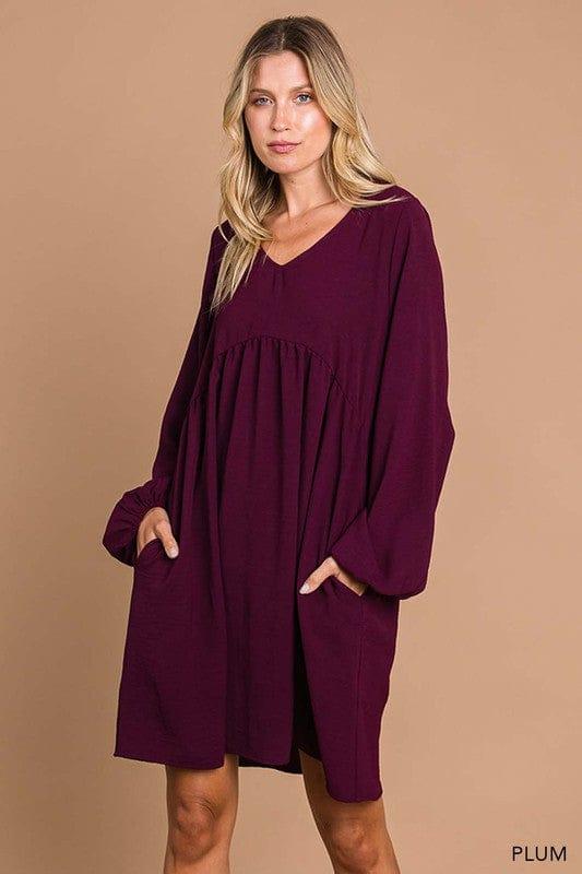 Womens vneck bubble sleeve dress in Plum - Esme and Elodie