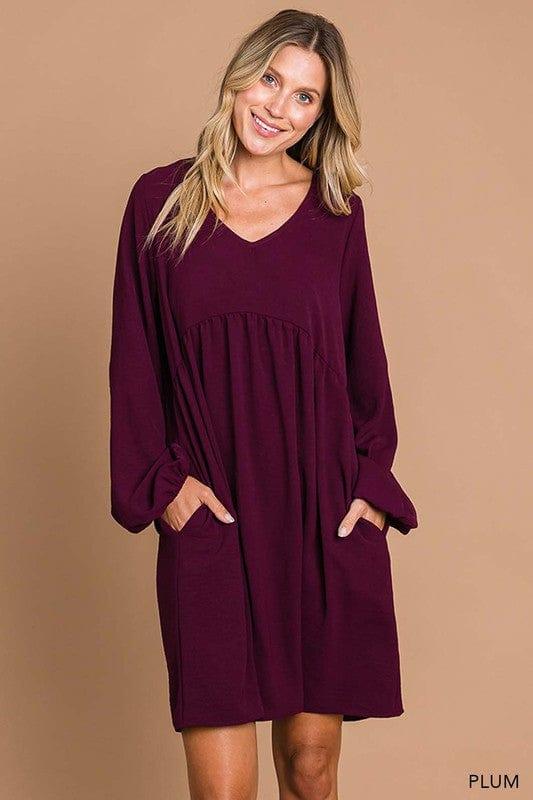 Womens vneck bubble sleeve dress in Plum - Esme and Elodie