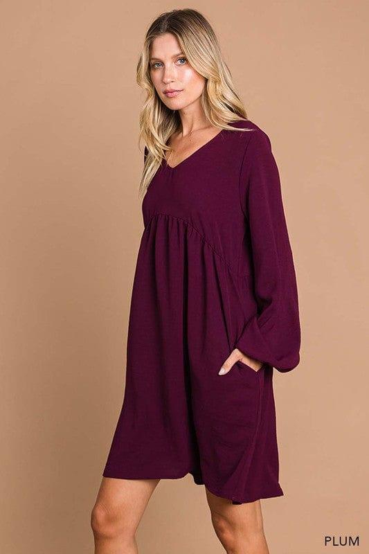 Womens vneck bubble sleeve dress in Plum - Esme and Elodie