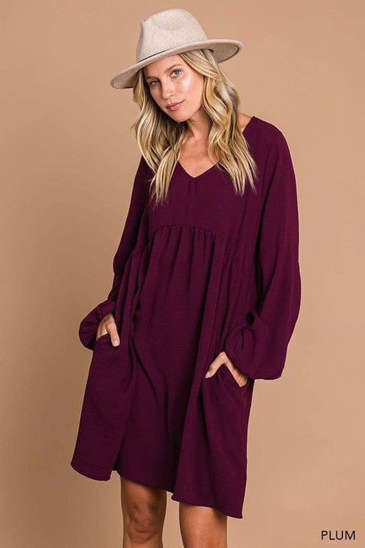 Womens vneck bubble sleeve dress in Plum - Esme and Elodie